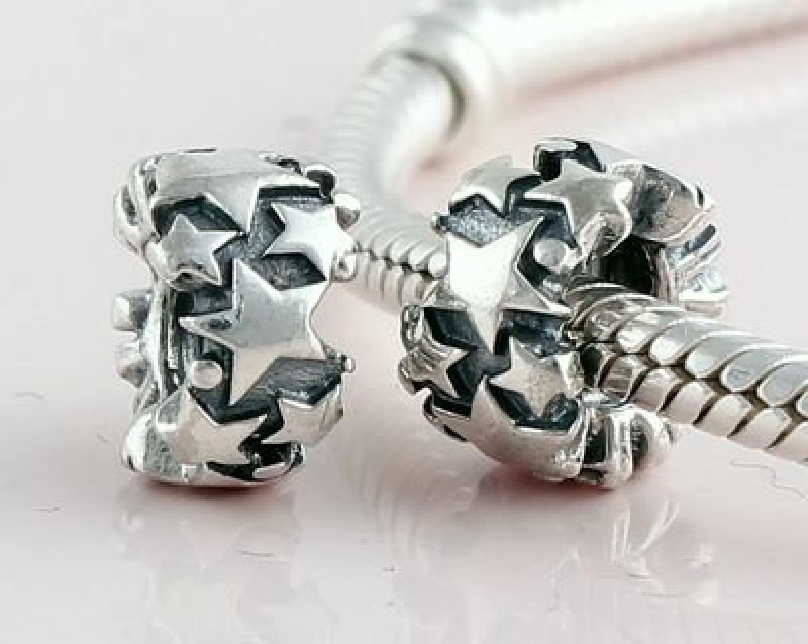 Andante-Stones Original Massiv 925 Silber Bead "Sterne" Element Kugel f&uuml;r European Beads + Organzas&auml;ckchen 